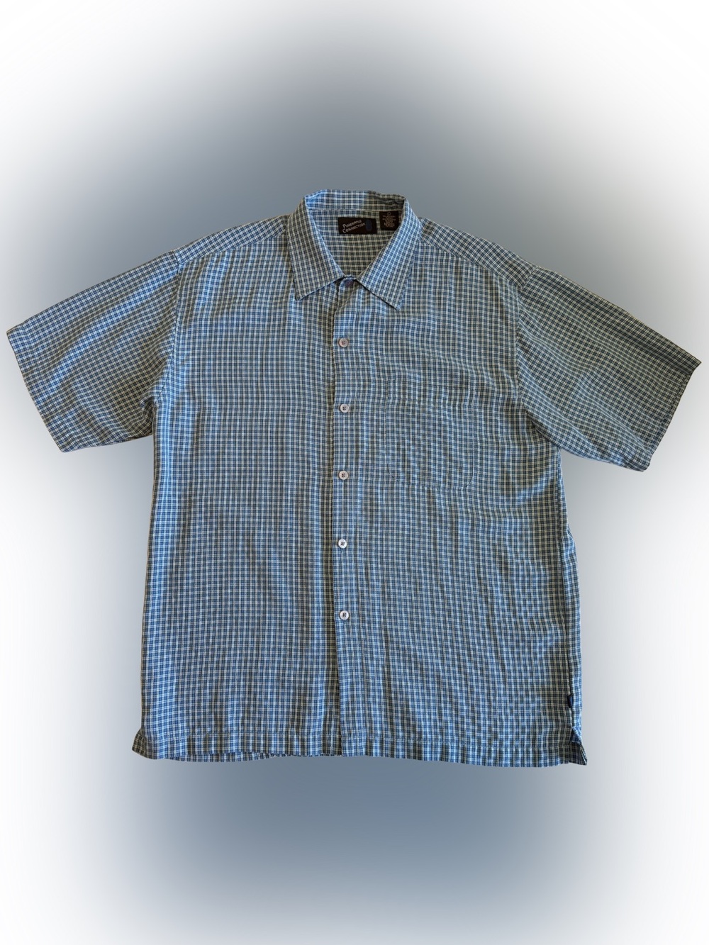 Pineapple Connection Mens Large Blue Plaid Short Sleeve Button Up Shirt Rayon L